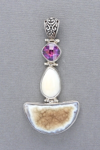 Sterling Silver Elk Ivory Pendant with Quartz & Druzy Quartz